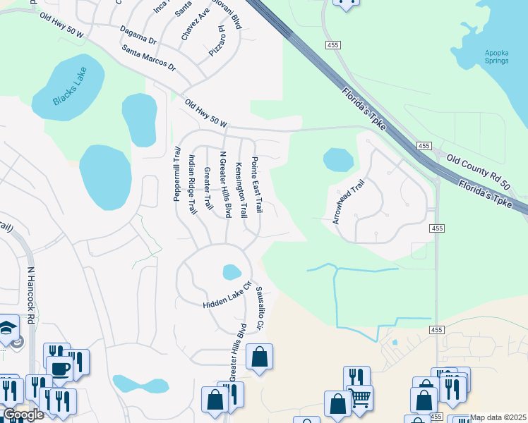 map of restaurants, bars, coffee shops, grocery stores, and more near 14524 Pointe East Trail in Clermont