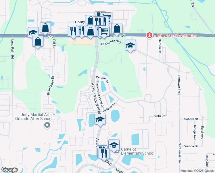 map of restaurants, bars, coffee shops, grocery stores, and more near 14950 Perdido Drive in Orlando