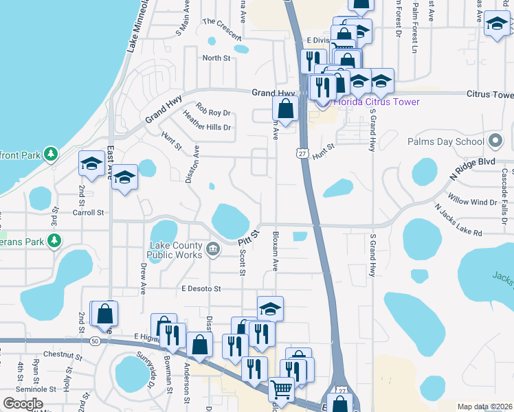map of restaurants, bars, coffee shops, grocery stores, and more near 492 Shady Creek Lane in Clermont
