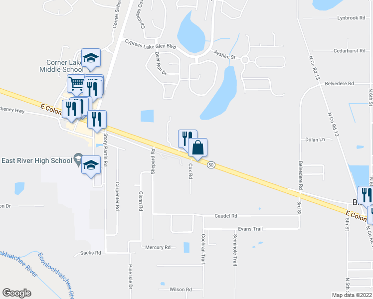 map of restaurants, bars, coffee shops, grocery stores, and more near 17433 East Colonial Drive in Orlando