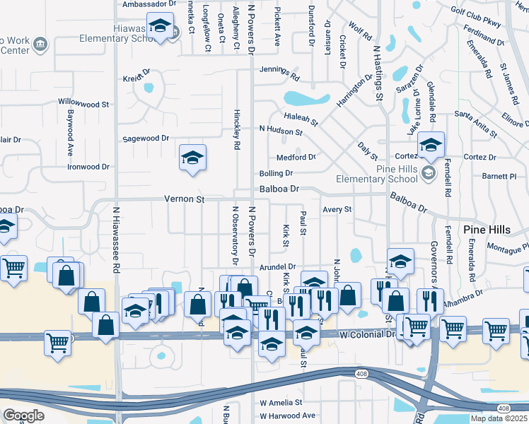 map of restaurants, bars, coffee shops, grocery stores, and more near 1315 Charles Street in Orlando