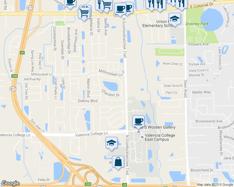 map of restaurants, bars, coffee shops, grocery stores, and more near 9584 Brackin Street in Orlando