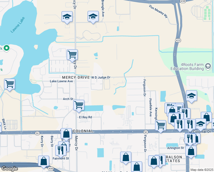 map of restaurants, bars, coffee shops, grocery stores, and more near 3850 Wd Judge Drive in Orlando