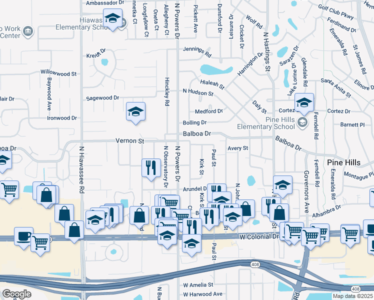 map of restaurants, bars, coffee shops, grocery stores, and more near 1315 Charles Street in Orlando