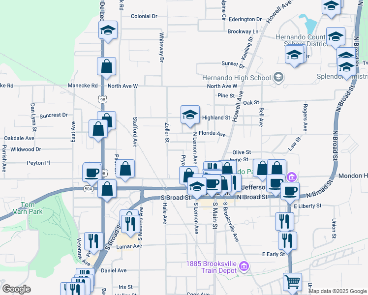map of restaurants, bars, coffee shops, grocery stores, and more near 217 Beale Street in Brooksville