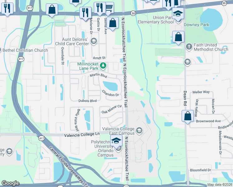 map of restaurants, bars, coffee shops, grocery stores, and more near 9584 Brackin Street in Orlando