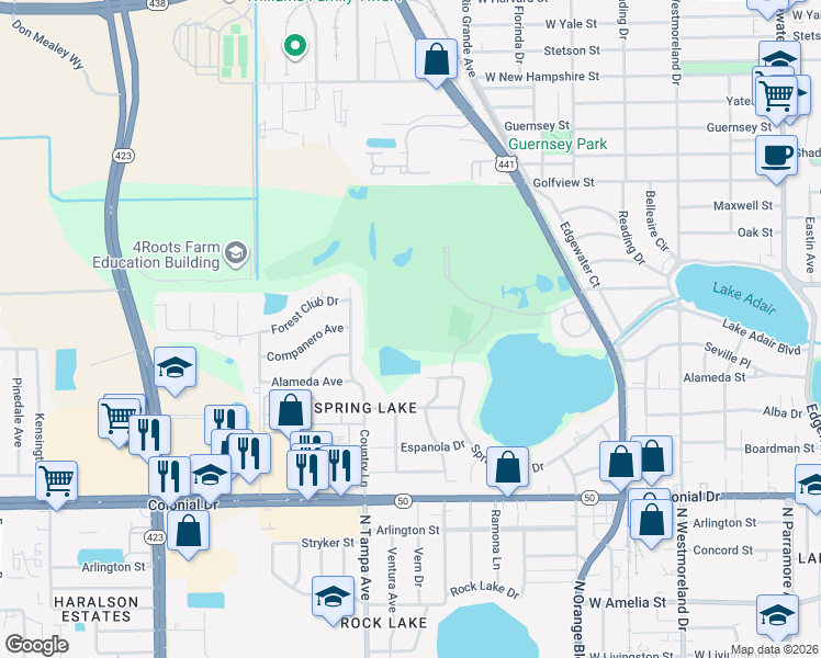 map of restaurants, bars, coffee shops, grocery stores, and more near 1725 Alameda Avenue in Orlando