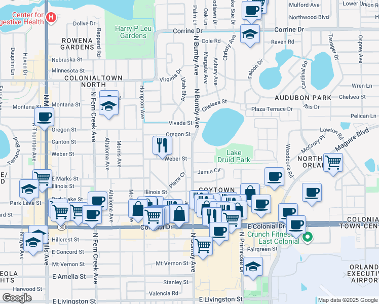 map of restaurants, bars, coffee shops, grocery stores, and more near 1000 North Bumby Avenue in Orlando