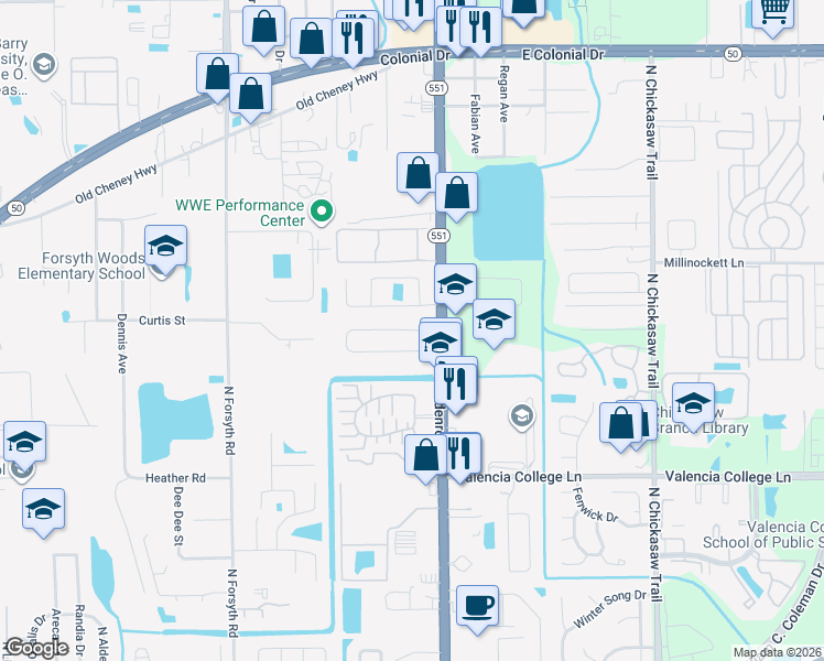 map of restaurants, bars, coffee shops, grocery stores, and more near 7347 Azalea Cove Circle in Orlando