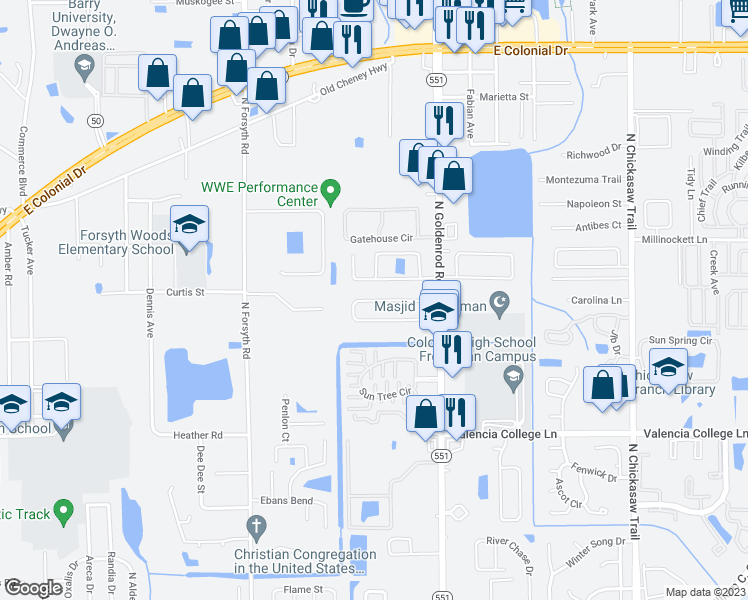 map of restaurants, bars, coffee shops, grocery stores, and more near 7428 Azalea Cove Circle in Azalea Park