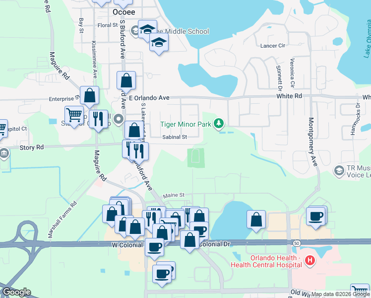 map of restaurants, bars, coffee shops, grocery stores, and more near 316 East Geneva Street in Ocoee