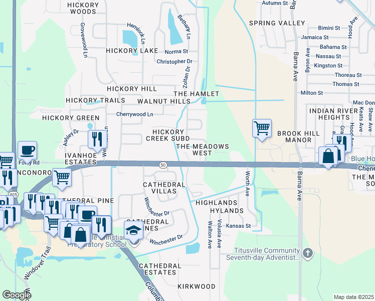 map of restaurants, bars, coffee shops, grocery stores, and more near 4577 Sleepy Oak Lane in Titusville