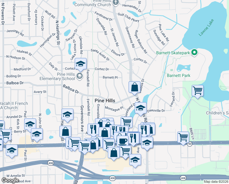 map of restaurants, bars, coffee shops, grocery stores, and more near 1007 Santa Barbara Road in Orlando