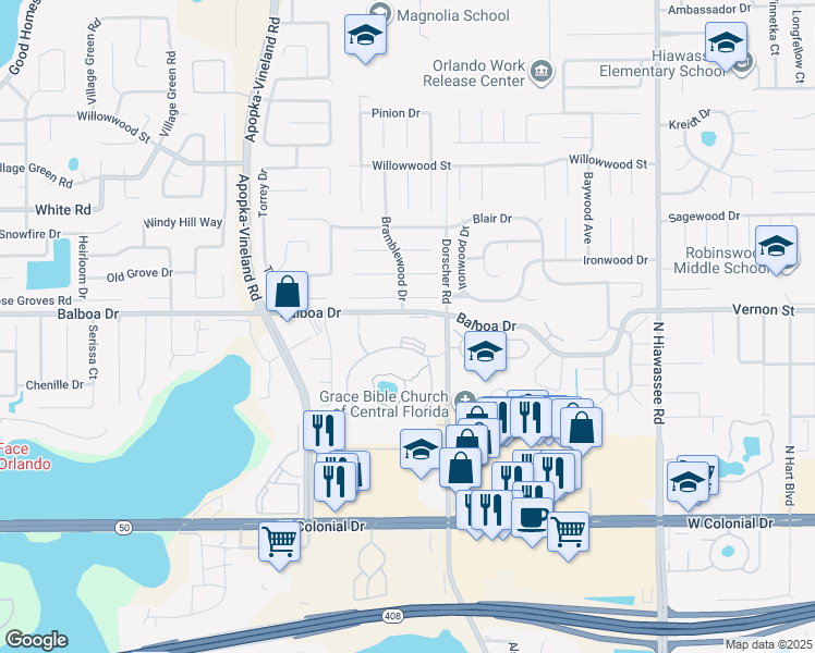 map of restaurants, bars, coffee shops, grocery stores, and more near 7243 Woodhill Park Drive in Orlando