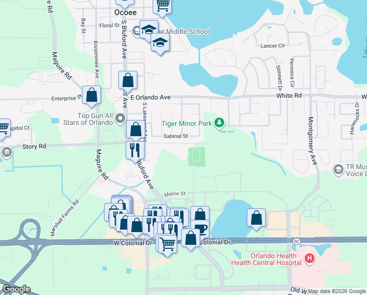 map of restaurants, bars, coffee shops, grocery stores, and more near 316 East Geneva Street in Ocoee