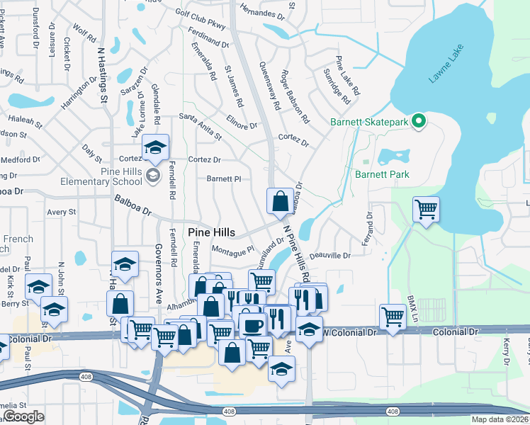 map of restaurants, bars, coffee shops, grocery stores, and more near 1001 Santa Anita Street in Orlando