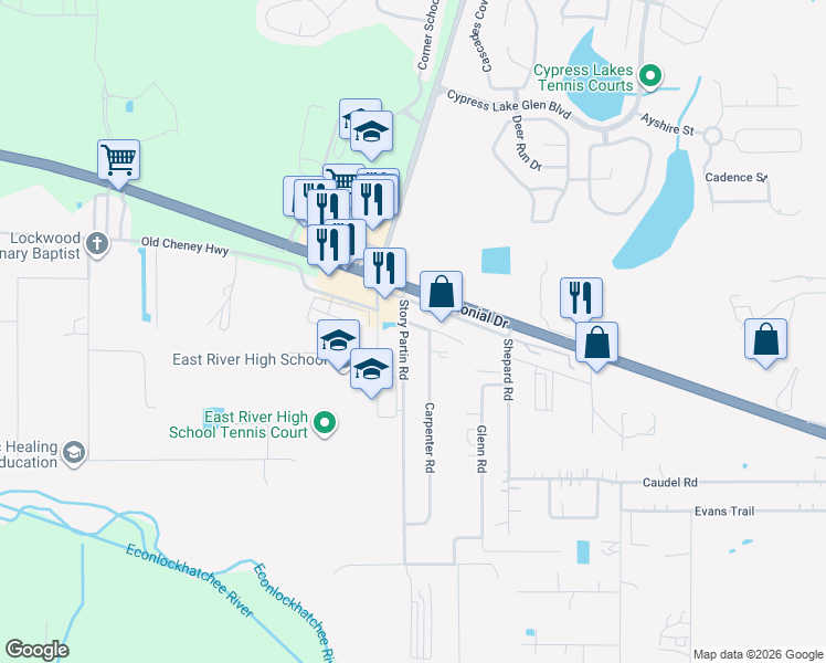 map of restaurants, bars, coffee shops, grocery stores, and more near 725 Story Partin Road in Orlando