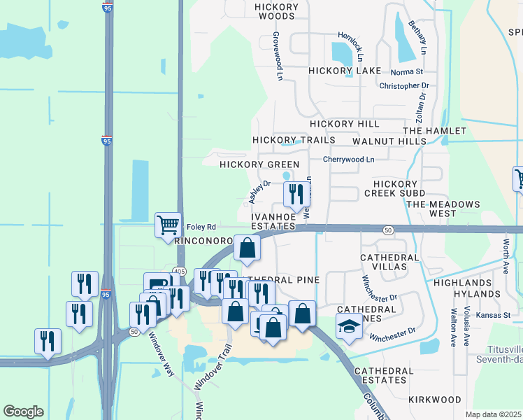 map of restaurants, bars, coffee shops, grocery stores, and more near 4623 Ashley Drive in Titusville