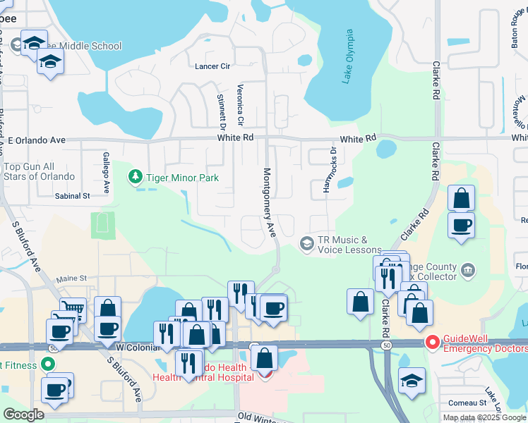 map of restaurants, bars, coffee shops, grocery stores, and more near 800 Kazaros Circle in Ocoee