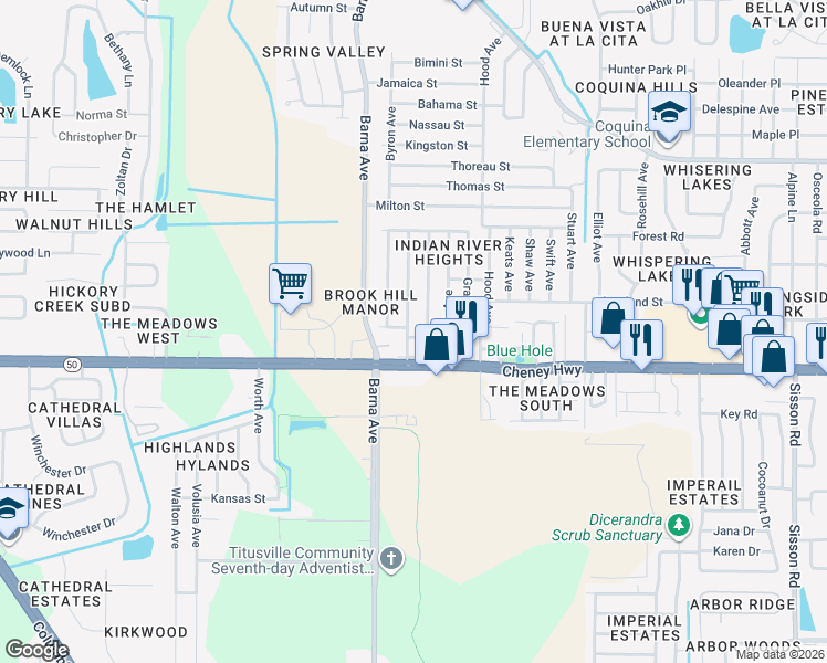 map of restaurants, bars, coffee shops, grocery stores, and more near 4570 Browning Avenue in Titusville