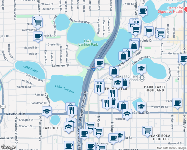 map of restaurants, bars, coffee shops, grocery stores, and more near 1000 Legion Place in Orlando