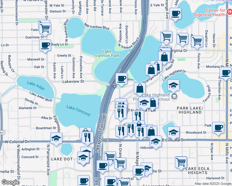 map of restaurants, bars, coffee shops, grocery stores, and more near 1000 Legion Place in Orlando
