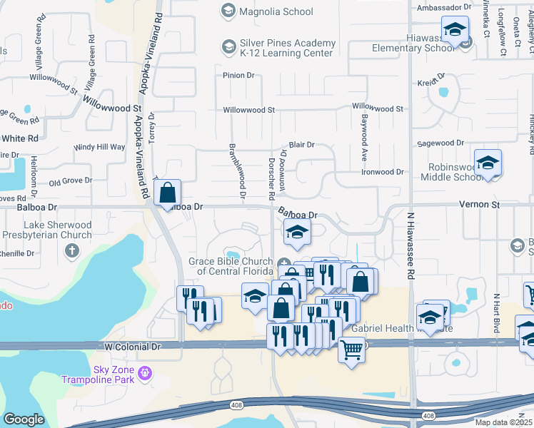 map of restaurants, bars, coffee shops, grocery stores, and more near 7204 Balboa Drive in Orlando