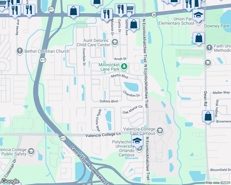 map of restaurants, bars, coffee shops, grocery stores, and more near 9301 Sausalito Drive in Orlando