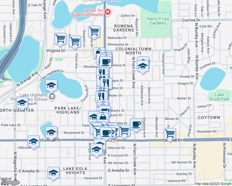 map of restaurants, bars, coffee shops, grocery stores, and more near 1300 Weber Street in Orlando