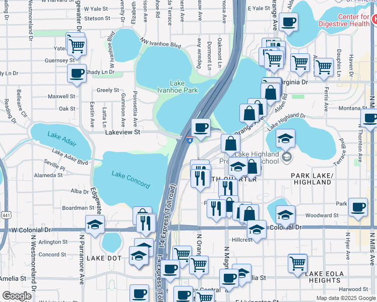 map of restaurants, bars, coffee shops, grocery stores, and more near 1000 Legion Place in Orlando