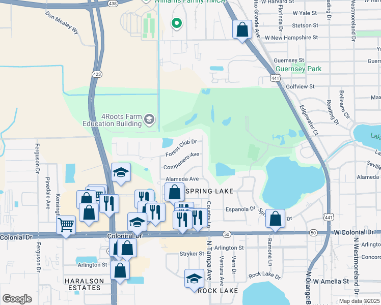 map of restaurants, bars, coffee shops, grocery stores, and more near 2047 Companero Avenue in Orlando
