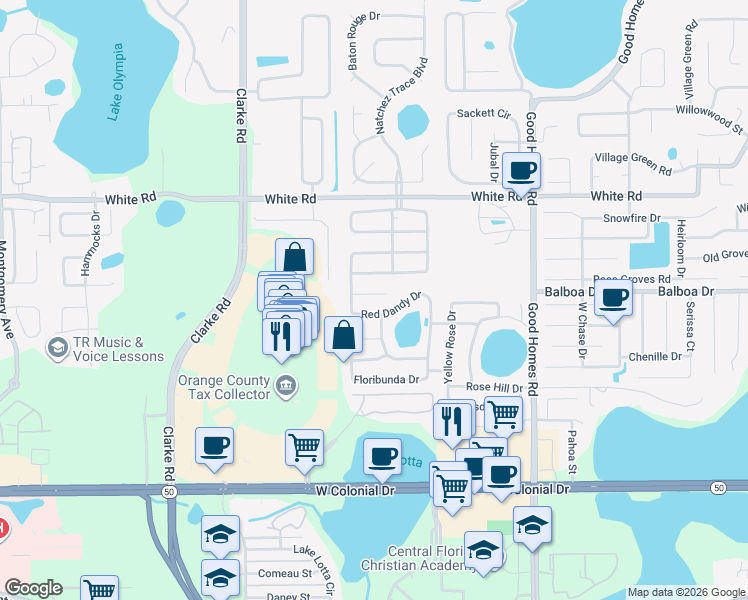 map of restaurants, bars, coffee shops, grocery stores, and more near 1035 Red Dandy Drive in Orlando