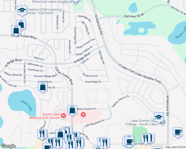 map of restaurants, bars, coffee shops, grocery stores, and more near 1943 Knollcrest Drive in Clermont