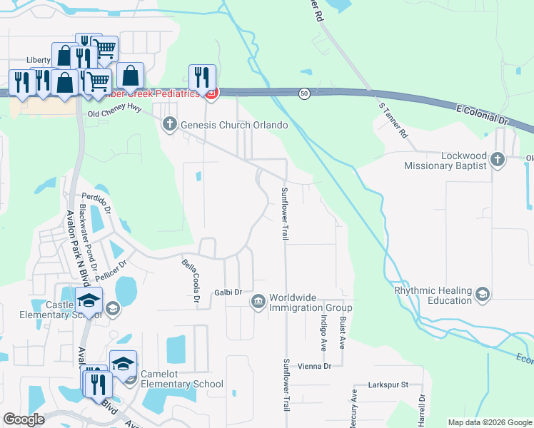 map of restaurants, bars, coffee shops, grocery stores, and more near 15601 Sarcee Court in Orlando
