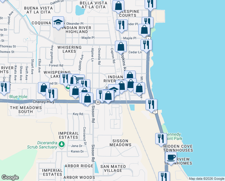 map of restaurants, bars, coffee shops, grocery stores, and more near 324 Willow Street in Titusville