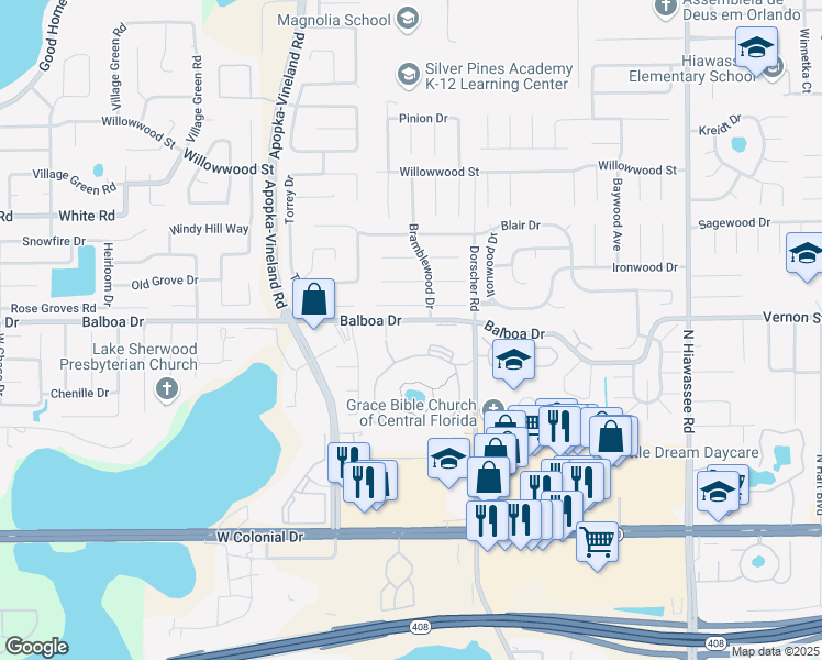 map of restaurants, bars, coffee shops, grocery stores, and more near 7296 Balboa Drive in Orlando