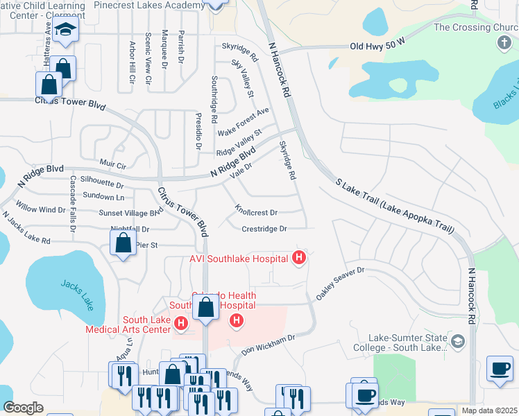 map of restaurants, bars, coffee shops, grocery stores, and more near 1936 Knollcrest Drive in Clermont