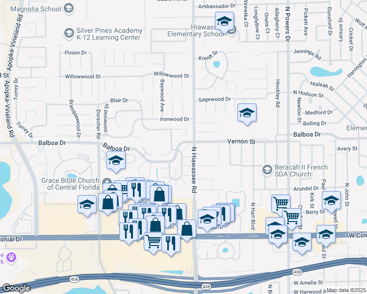 map of restaurants, bars, coffee shops, grocery stores, and more near 1477 Magellan Circle in Orlando