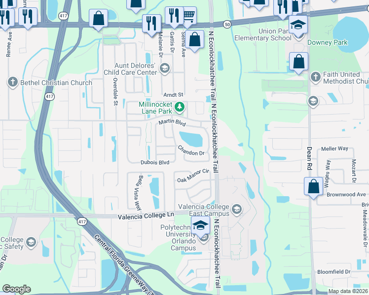 map of restaurants, bars, coffee shops, grocery stores, and more near 9450 Chandon Drive in Orlando