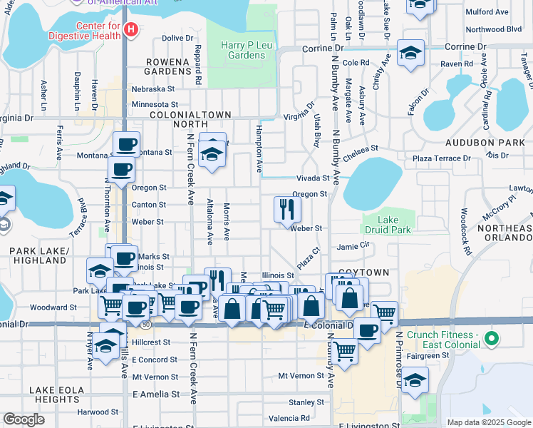 map of restaurants, bars, coffee shops, grocery stores, and more near 2015 Weber Street in Orlando