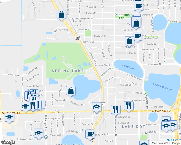 map of restaurants, bars, coffee shops, grocery stores, and more near 1275 Country Club Oaks Circle in Orlando