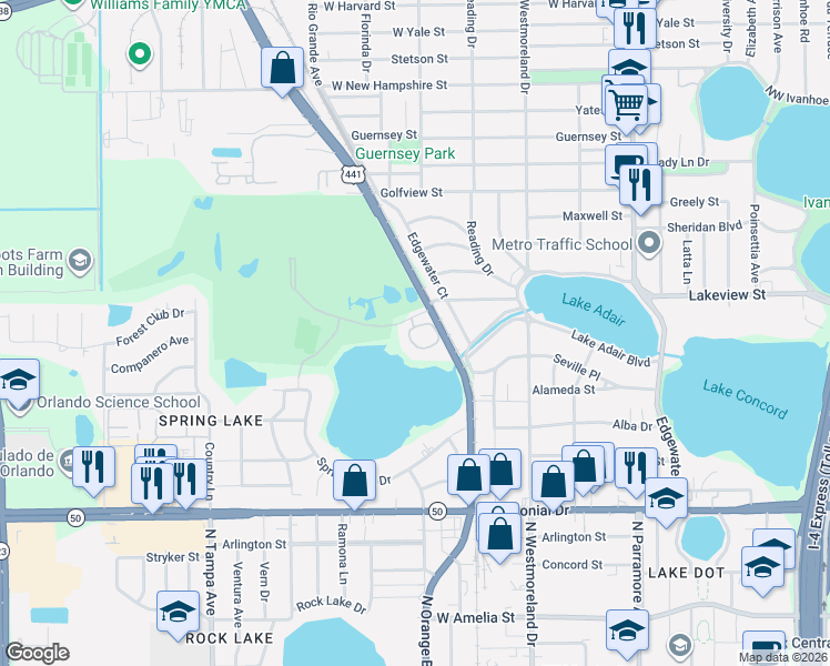 map of restaurants, bars, coffee shops, grocery stores, and more near 1275 Country Club Oaks Circle in Orlando