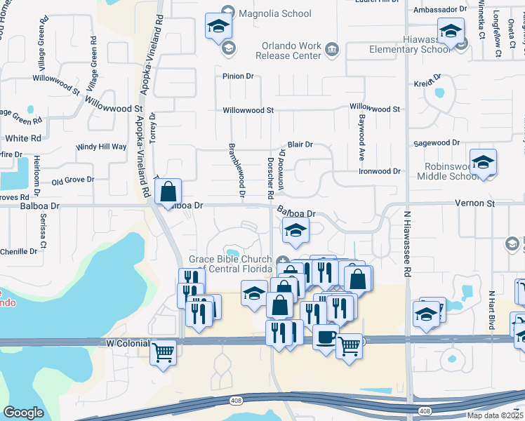 map of restaurants, bars, coffee shops, grocery stores, and more near 7204 Balboa Drive in Orlando
