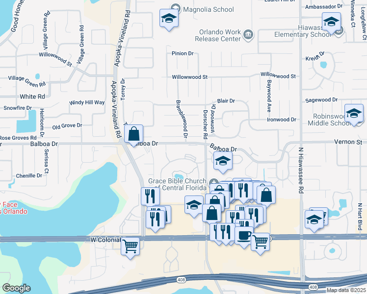 map of restaurants, bars, coffee shops, grocery stores, and more near 7243 Woodhill Park Drive in Orlando