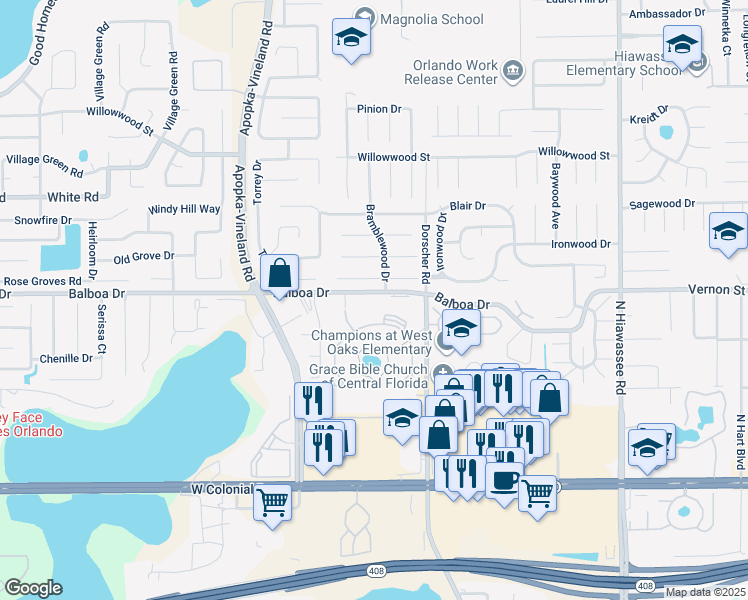map of restaurants, bars, coffee shops, grocery stores, and more near 7243 Woodhill Park Drive in Orlando