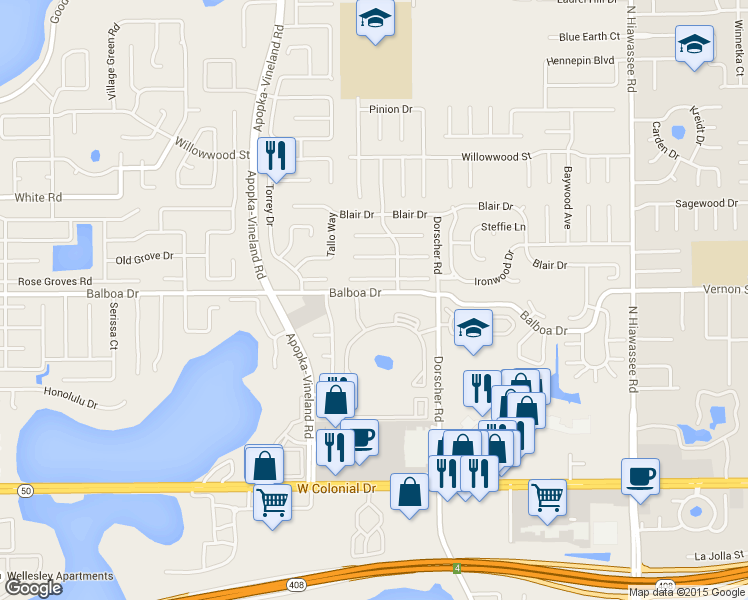 map of restaurants, bars, coffee shops, grocery stores, and more near 7354 Balboa Drive in Orlando