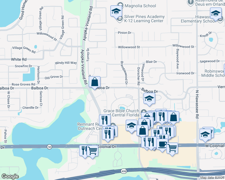 map of restaurants, bars, coffee shops, grocery stores, and more near 7354 Balboa Drive in Orlando