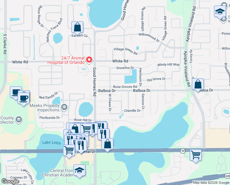 map of restaurants, bars, coffee shops, grocery stores, and more near 8528 Northridge Court in Orlando