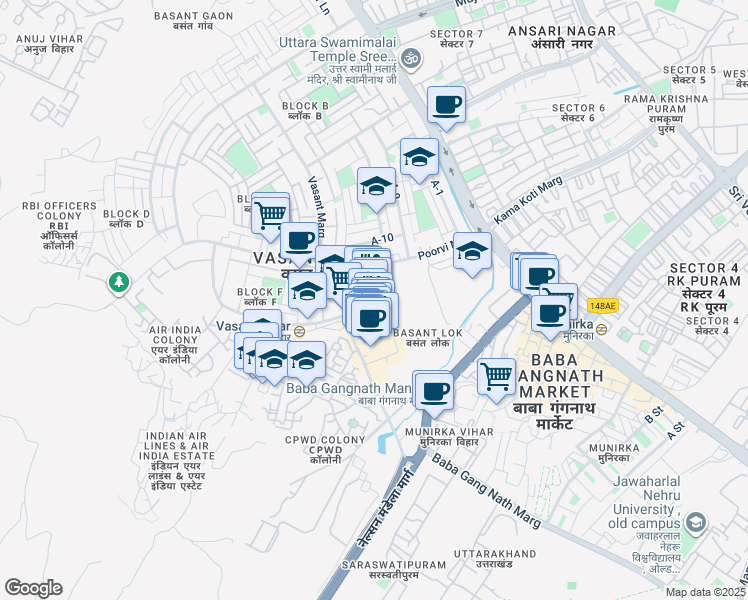 map of restaurants, bars, coffee shops, grocery stores, and more near floor in New Delhi