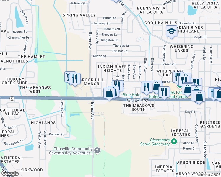 map of restaurants, bars, coffee shops, grocery stores, and more near 4550 Darden Avenue in Titusville